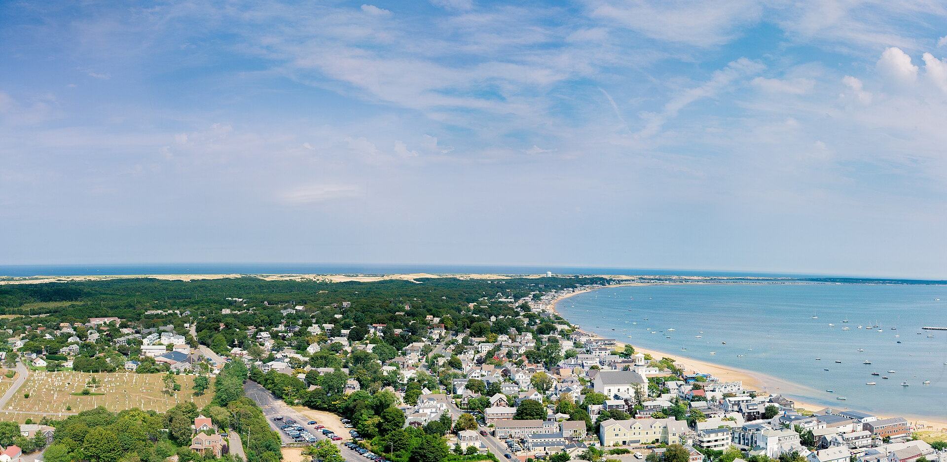 Provincetown seen from the Pilgrim Monument, looking east along the harbor and the spit of Cape Cod